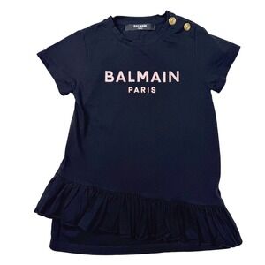Balmain T-Shirt Dress Kids 12M Black Excellent Logo Ruffle Hem BKUXV 00